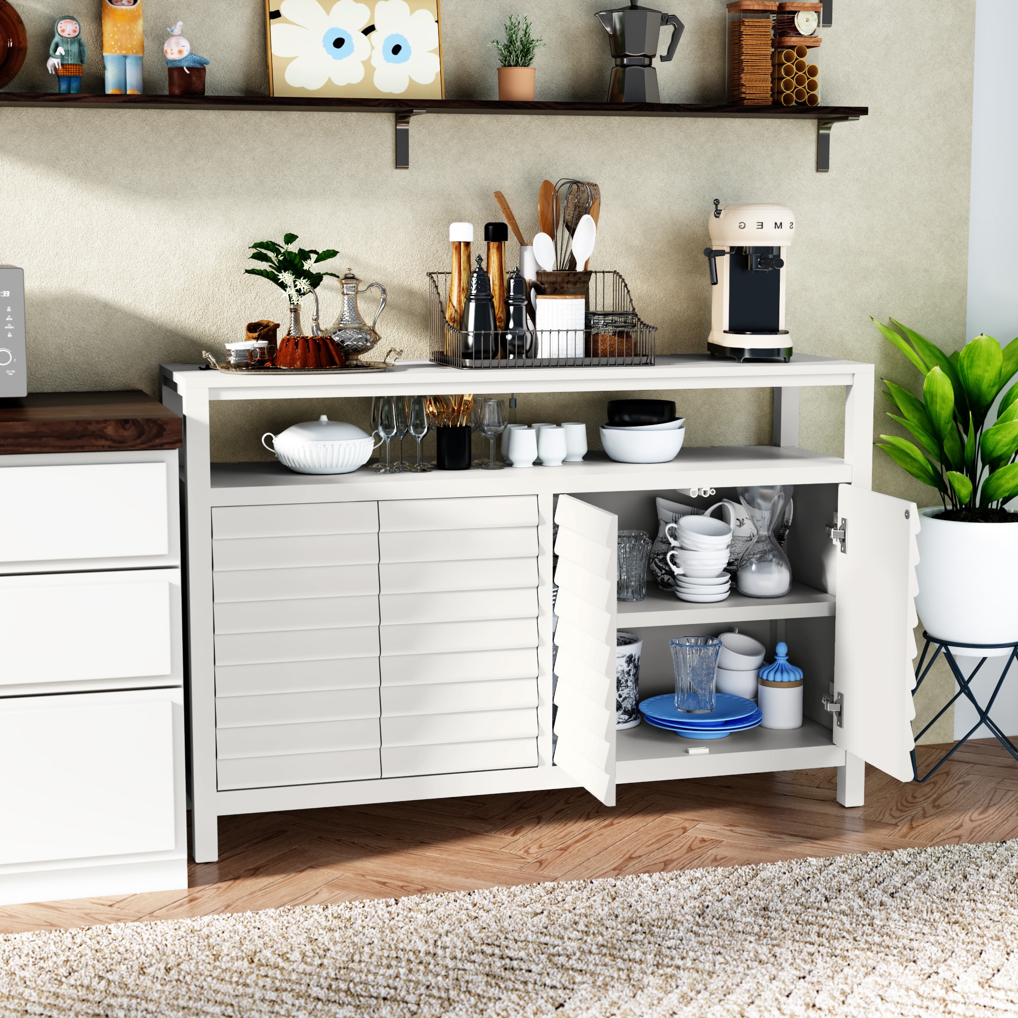 Home Office Cabinet With 4 Doors&Shelves, Accent Storage Cabinet With Decorative Louvered Doors, White Credenza Storage Cabinet For Living Room, Hallway, Kitchen, Dining Room_voghion.com